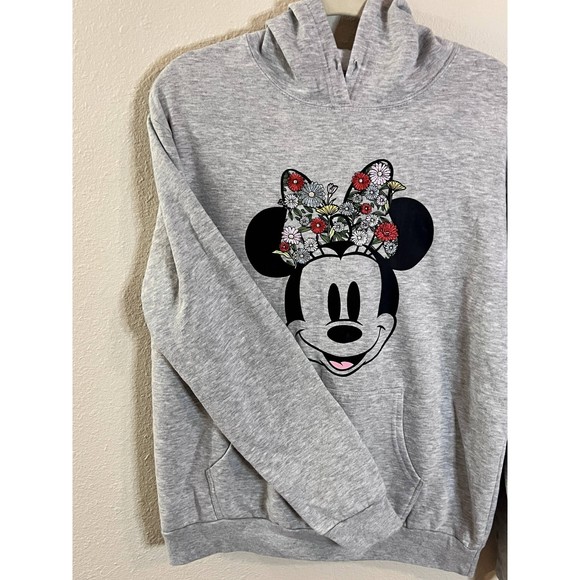 Disney Minnie Mouse Sweater Womens XL Gray Embroidered Flowers Hoodie - Picture 2 of 6